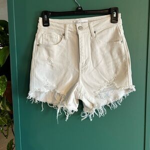 Risen High Rise White Distressed Denim Shorts